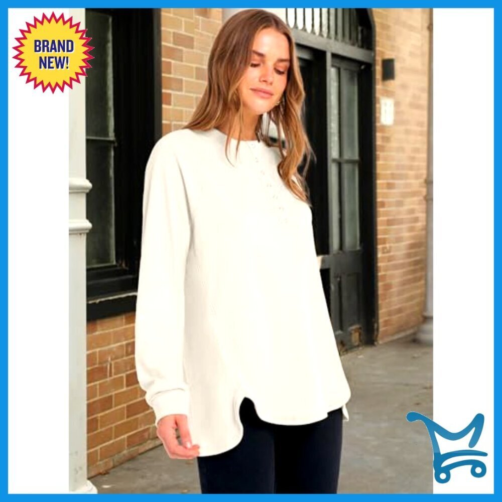Long Sleeve Henley Tunic Sweatshirt Loose Fit Polyester Pullover Casual Top - Picture 4 of 7